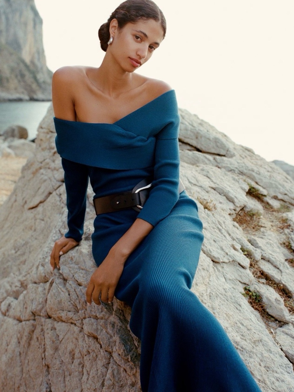 Anthropologie Teal-Blue Off-Shoulder Ribbed Maxi Dress